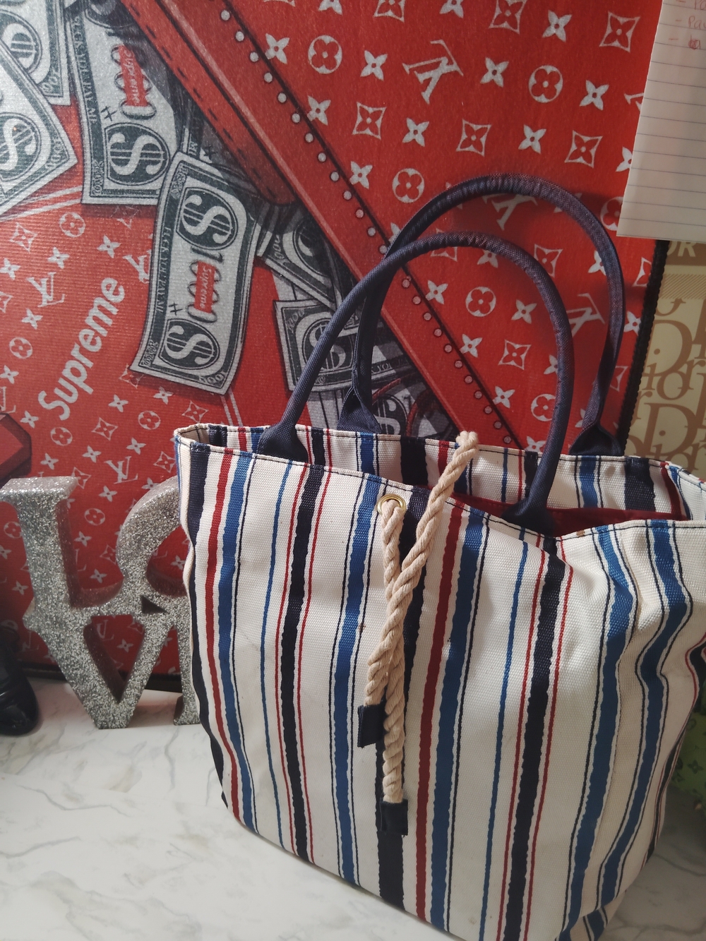 Striped Canvas Tote Bag with Navy Handles - Unbranded